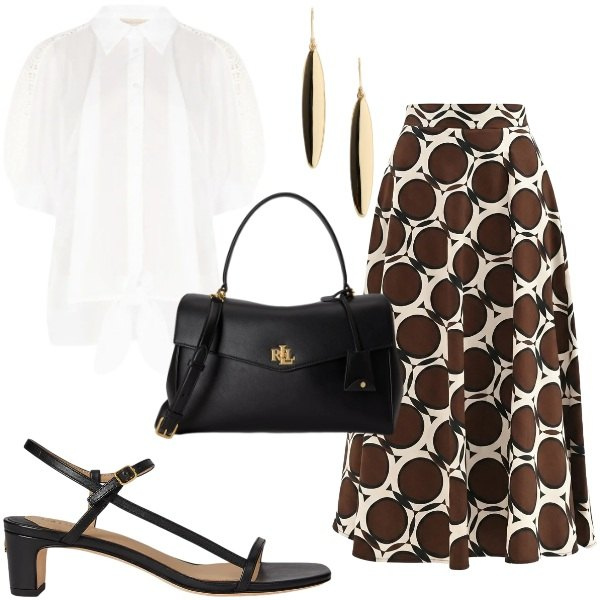 Outfit donna - Maxi gonna con stampa geometrica. Stile Chic per Ufficio. Abbinamento con gonne lunghe, camicie a manica corta, borse a mano, sandali in pelle, orecchini.
