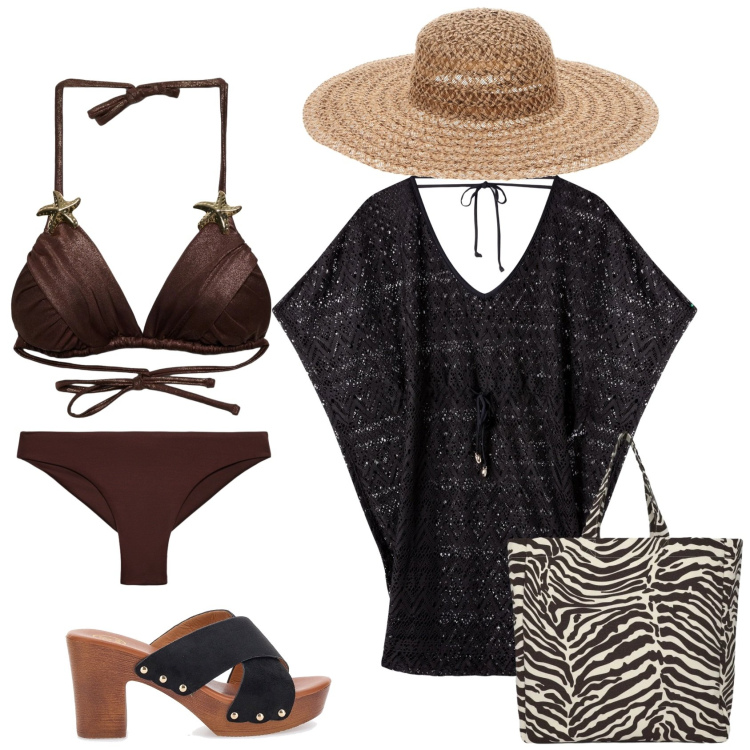 Outfit donna - Total look #2419626. Stile Glamour per Mare. Abbinamento con vestiti da spiaggia, bikini, bikini, shopping bag, zoccoli, cappelli.