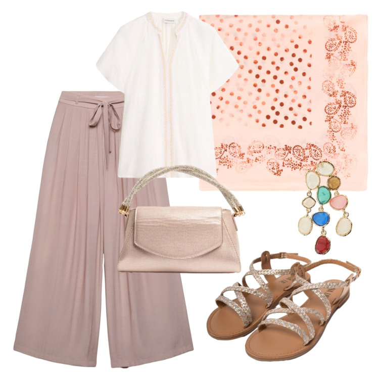 Outfit donna - Volumi rilassati. Stile Casual per Ufficio. Abbinamento con tuniche, pantaloni, foulard, orecchini, sandali in pelle, borse a mano.