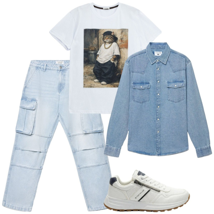 Outfit uomo - Estate in denim chiaro. Stile Casual per Tutti i giorni. Abbinamento con sneakers, camicie, jeans, t-shirt.