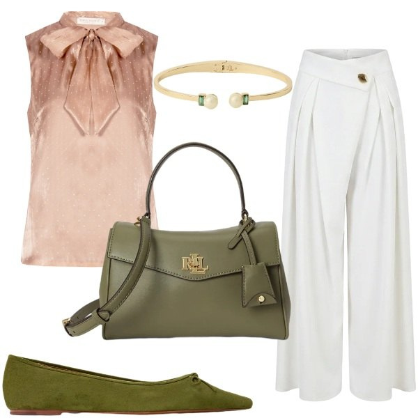 Outfit donna - Marrone bronzo, bianco e verde oliva. Stile Chic per Ufficio. Abbinamento con pantaloni a palazzo, canottiere, ballerine, borse a mano, braccialetti.