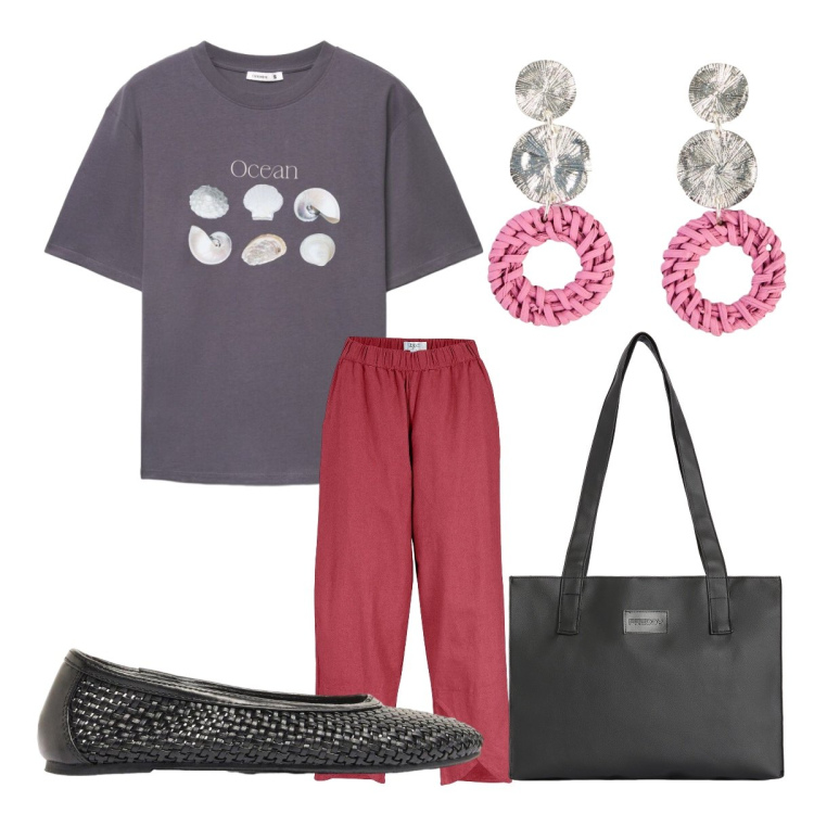 Outfit donna - Nuovo look leggero. Stile Urban per Tutti i giorni. Abbinamento con pantaloni, ballerine, orecchini, t-shirt, shopping bag.