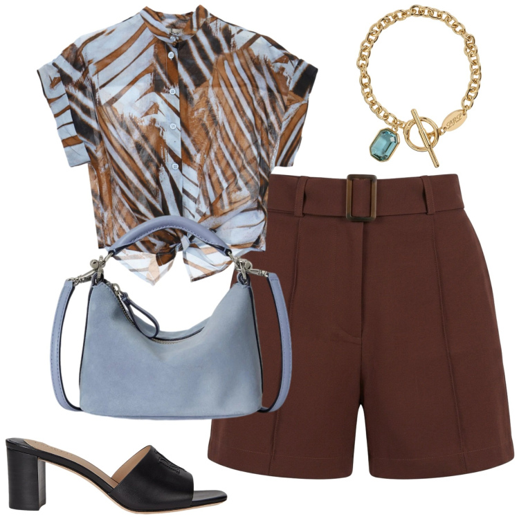 Outfit donna - Chic in shorts. Stile Chic per Tutti i giorni. Abbinamento con shorts, sandali in pelle, borse a spalla, braccialetti, camicie a manica corta.