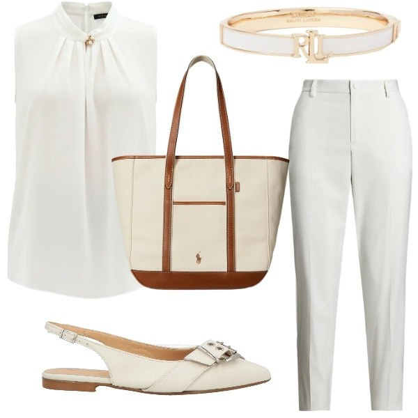 Outfit donna - Tutto bianco. Stile Chic per Ufficio. Abbinamento con ballerine, top, pantaloni, borse tote, braccialetti.