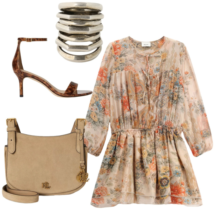 Outfit donna - Sandali protagonisti. Stile Chic per Tutti i giorni. Abbinamento con vestiti corti, sandali in pelle, borse a tracolla, anelli.