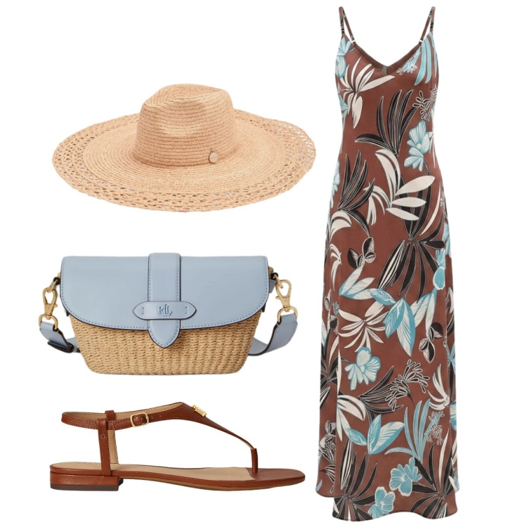 Outfit donna - Eleganza da protagonista. Stile Chic per Tutti i giorni. Abbinamento con cappelli, vestiti lunghi, borse a spalla, sandali in pelle.