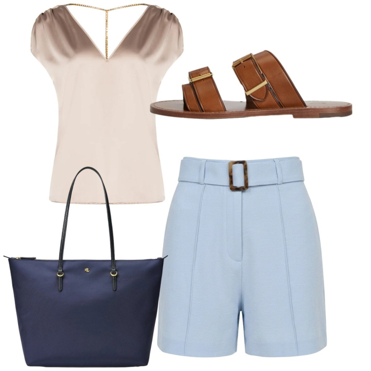 Outfit donna - Eleganza da protagonista. Stile Bon Ton per Tutti i giorni. Abbinamento con top, shorts, sandali in pelle, borse tote.