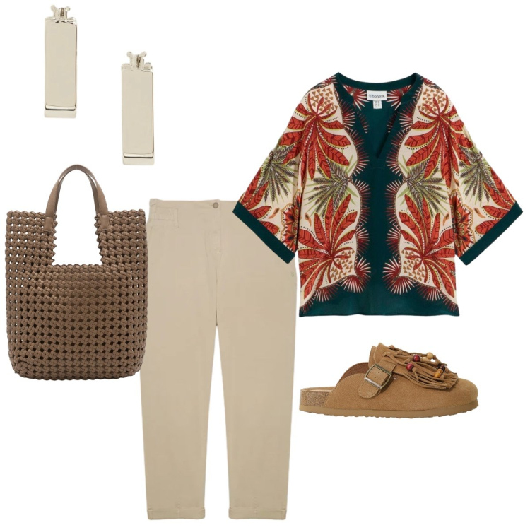 Outfit donna - In città. Stile Etnico per Ufficio. Abbinamento con tuniche, sabot, pantaloni, orecchini, borse tote.