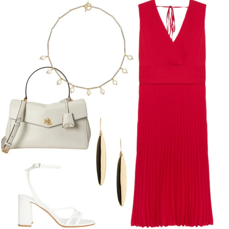 Outfit donna - Cerimonia in rosso. Stile Chic per Cerimonia. Abbinamento con sandali in pelle, vestiti midi/longuette, borse a mano, collane, orecchini.
