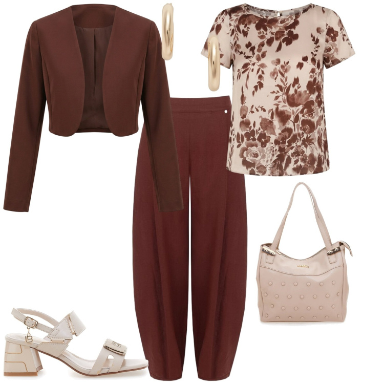 Outfit donna - Casual chic ufficio tempo libero. Stile Casual chic per Tutti i giorni. Abbinamento con pantaloni, bolero, bluse, orecchini, sandali col tacco, shopping bag.