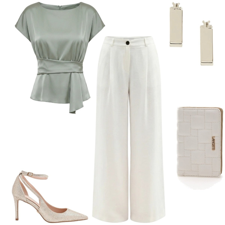Outfit donna - Eleganza da protagonista. Stile Chic per Cerimonia. Abbinamento con bluse, pantaloni a palazzo, décolleté, orecchini, portafogli.