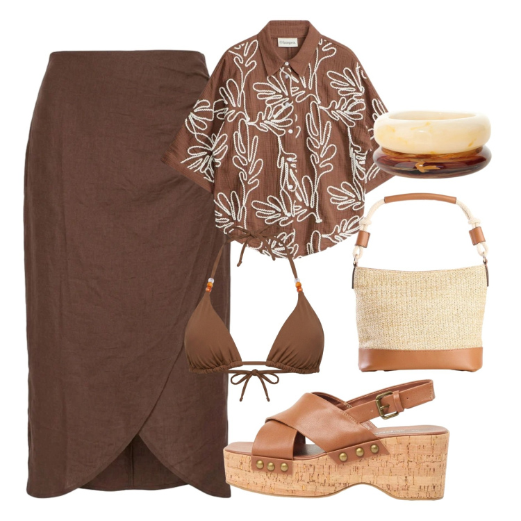 Outfit donna - Dettagli semplici. Stile Casual per Mare. Abbinamento con zeppe, camicie a manica corta, borse a secchiello, braccialetti, gonne longuette, bikini.