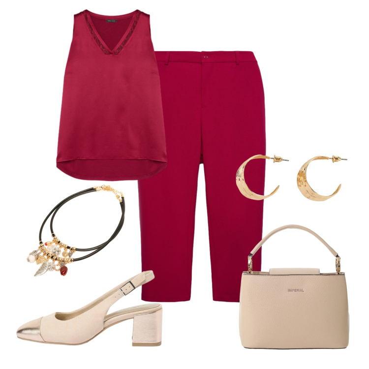 Outfit donna - La serata curvy. Stile Casual chic per Serata fuori. Abbinamento con décolleté, orecchini, pantaloni chino, borse a secchiello, top, collane.