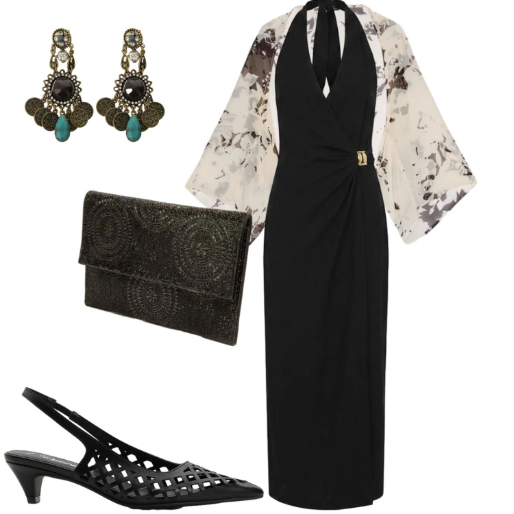 Outfit donna - Sera d\'estate. Stile Chic per Serata fuori. Abbinamento con décolleté, orecchini, bolero, vestiti lunghi, clutch.