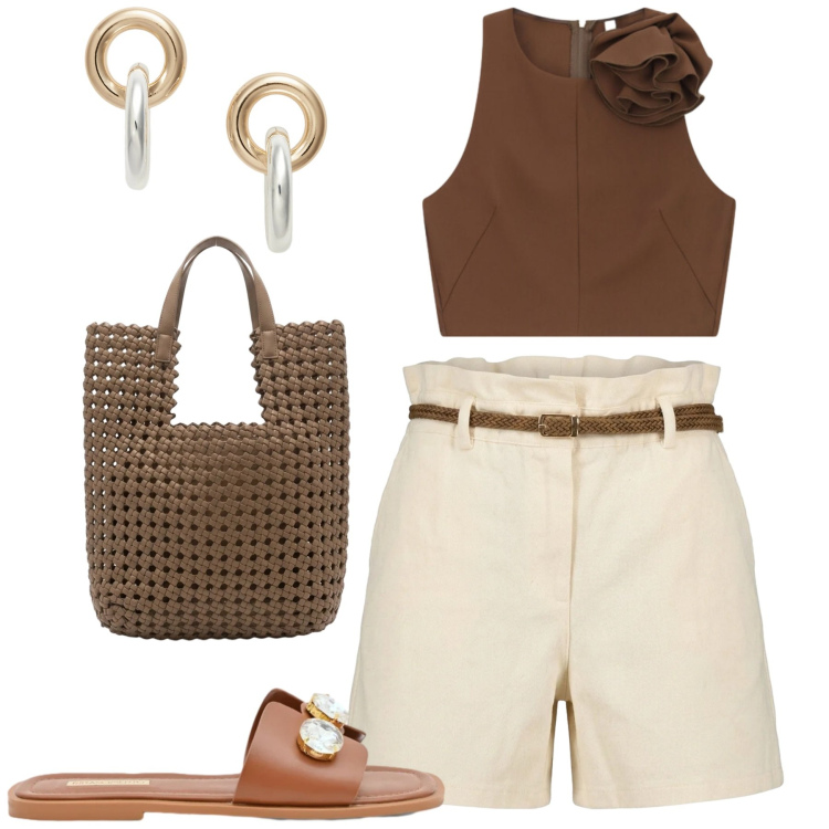 Outfit donna - Giugno. Stile Casual chic per Tutti i giorni. Abbinamento con top, sandali gioiello, orecchini, shorts, borse tote.