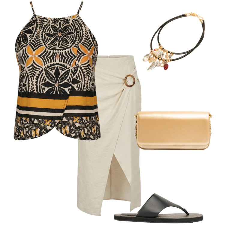 Outfit donna - Aperitivo al mare. Stile Etnico per Mare. Abbinamento con infradito, canottiere, gonne longuette, collane, clutch.