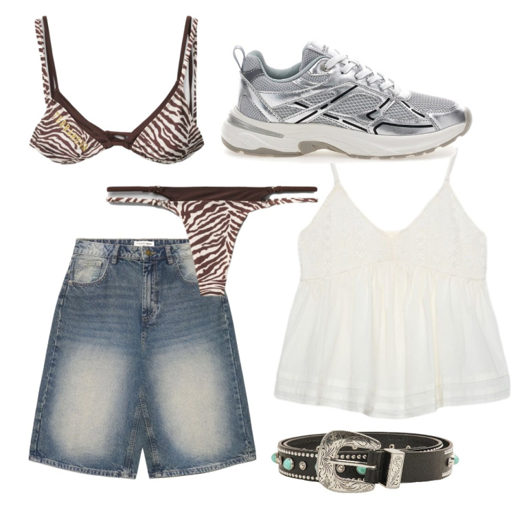 Outfit donna - Lunch and beach. Stile Casual per Mare. Abbinamento con pantaloni corti, bikini, canottiere, bikini, cinture, sneakers.
