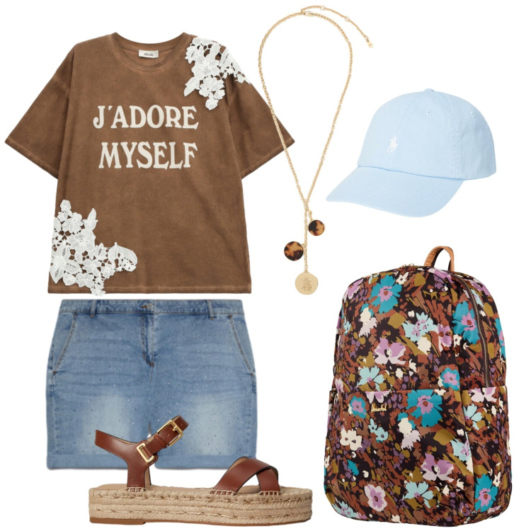 Outfit donna - Total look #2419658. Stile Urban per Tutti i giorni. Abbinamento con valigie, shorts, cappelli, espadrillas, collane, t-shirt.