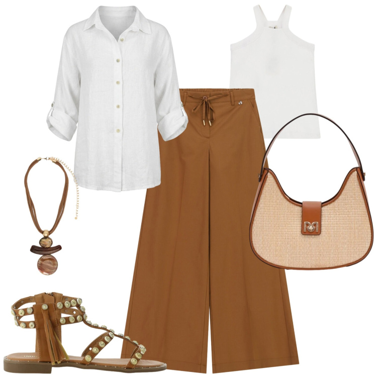 Outfit donna - La camicia oversize in lino. Stile Casual chic per Tutti i giorni. Abbinamento con borse a spalla, sandali, camicie a manica corta, ciondoli, top, pantaloni a palazzo.
