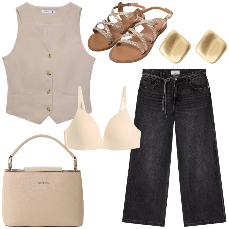 Outfit donna - Summer style ideas. Stile Casual chic per Tutti i giorni. Abbinamento con reggiseni, jeans, gilet, borse a secchiello, orecchini, sandali in pelle.