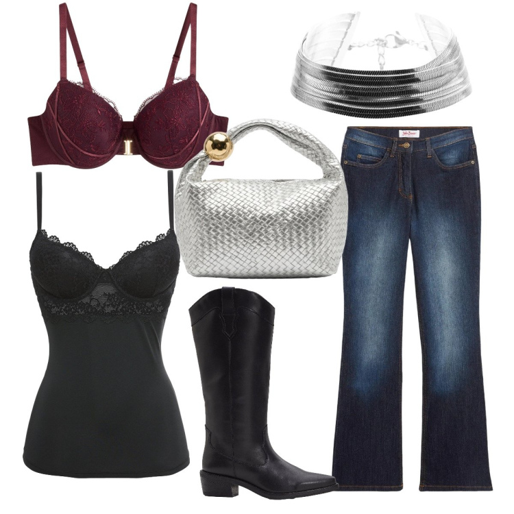 Outfit donna - Summer party. Stile Casual chic per Serata fuori. Abbinamento con canottiere, jeans bootcut, reggiseni, stivali, braccialetti, borse a mano.