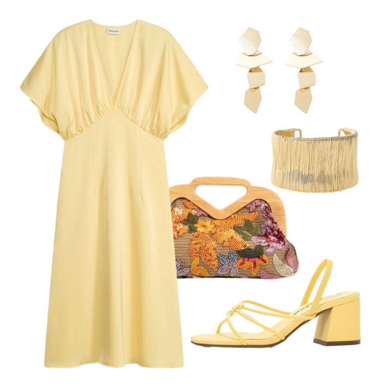 Outfit donna - Serata yellow gold. Stile Chic per Serata fuori. Abbinamento con vestiti midi/longuette, sandali col tacco, braccialetti, orecchini, clutch.