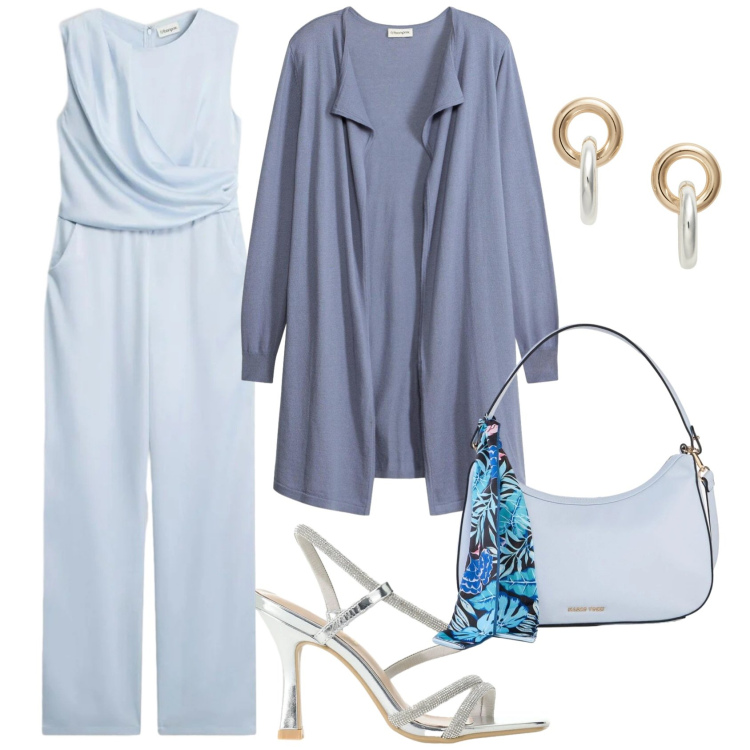 Outfit donna - Total look #2419665. Stile Casual chic per Ufficio. Abbinamento con borse a mano, tute, cardigans, sandali col tacco, orecchini.
