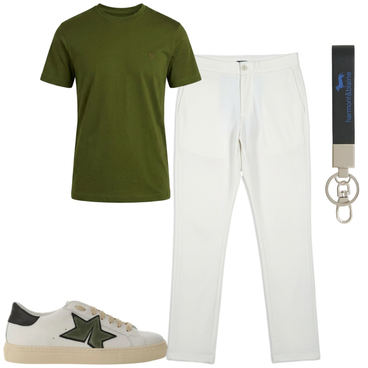 Outfit uomo - City. Stile Casual per Tutti i giorni. Abbinamento con sneakers, portachiavi, t-shirt, pantaloni.