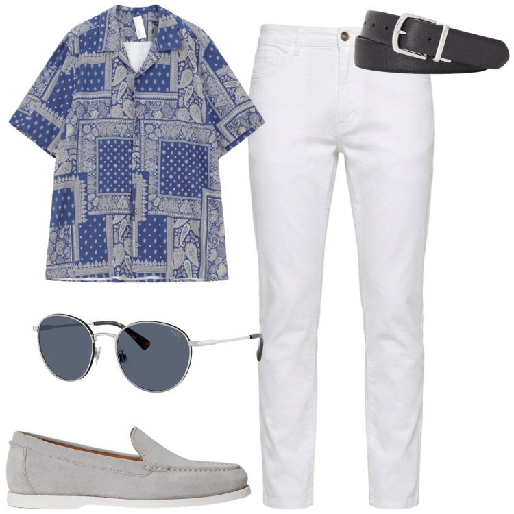 Outfit uomo - City. Stile Casual per Tutti i giorni. Abbinamento con camicie a manica corta, jeans, occhiali da sole, scarpe stringate, cinture.