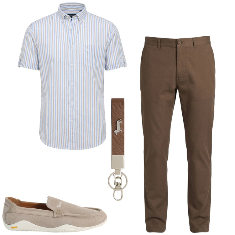 Outfit uomo - In ufficio. Stile Urban per Ufficio. Abbinamento con portachiavi, pantaloni, camicie a manica corta, scarpe stringate.