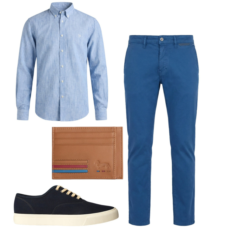 Outfit uomo - City. Stile Urban per Tutti i giorni. Abbinamento con pantaloni, portafogli, camicie, sneakers.