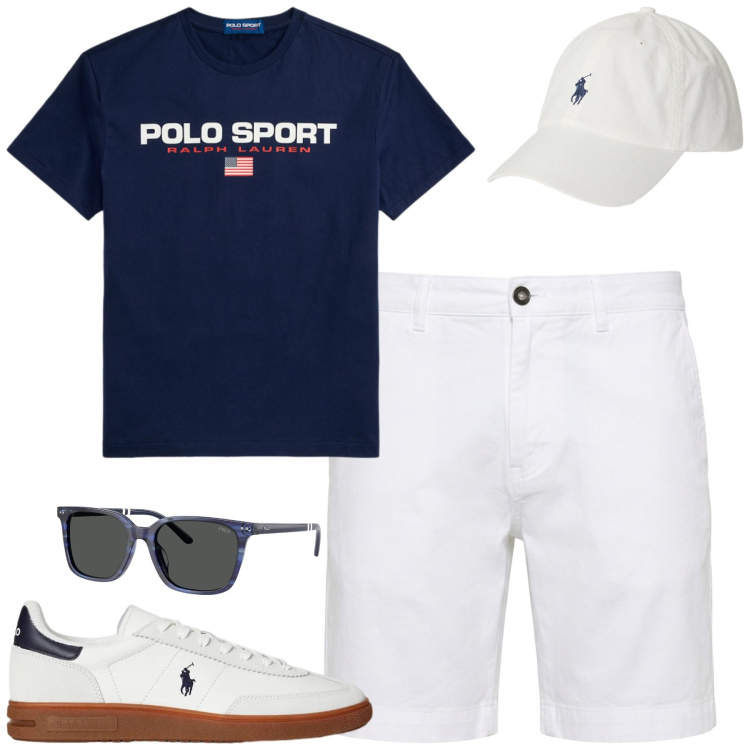 Outfit uomo - Weekend. Stile Casual per Tutti i giorni. Abbinamento con bermuda, occhiali da sole, sneakers, cappelli con visiera, t-shirt.