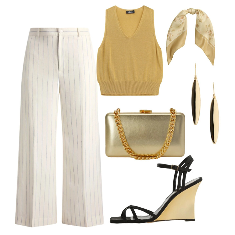 Outfit donna - Dettagli luminosi. Stile Chic per Serata fuori. Abbinamento con pantaloni, foulard, clutch, orecchini, top, sandali col tacco.