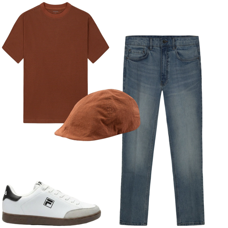 Outfit uomo - City. Stile Casual per Tutti i giorni. Abbinamento con sneakers, cappelli con visiera, jeans, t-shirt.
