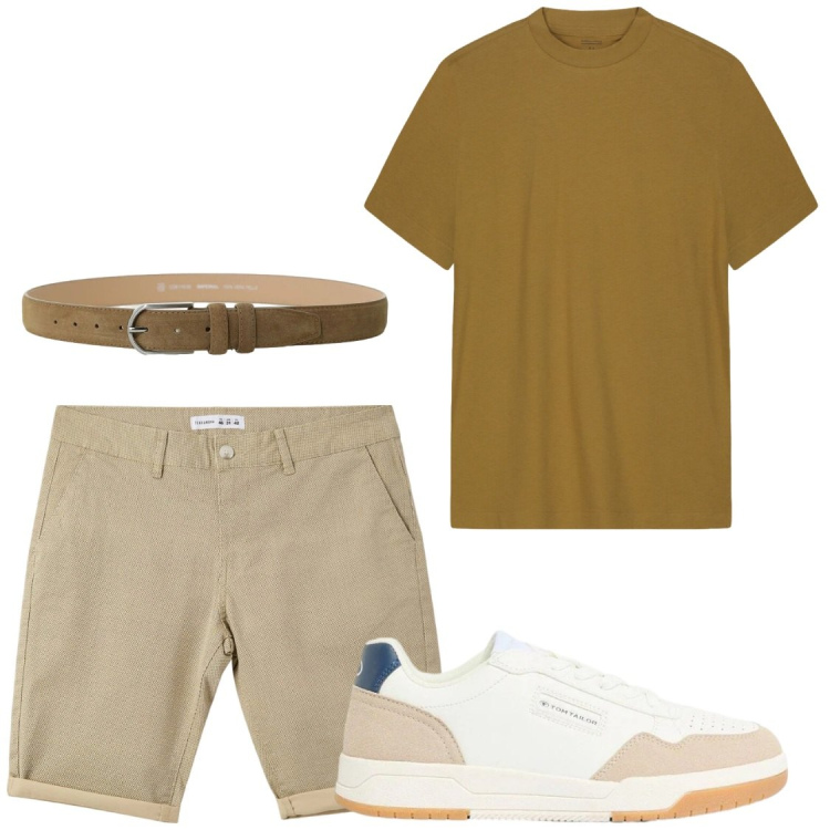 Outfit uomo - Essenziale versatile e attuale. Stile Casual per Tutti i giorni. Abbinamento con sneakers, pantaloni corti, cinture, t-shirt.