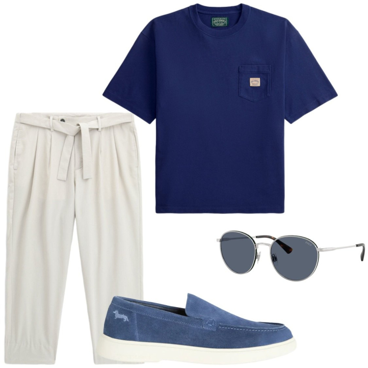 Outfit uomo - Diversamente trendy. Stile Trendy per Serata speciale. Abbinamento con scarpe stringate, t-shirt, occhiali da sole, pantaloni chino.