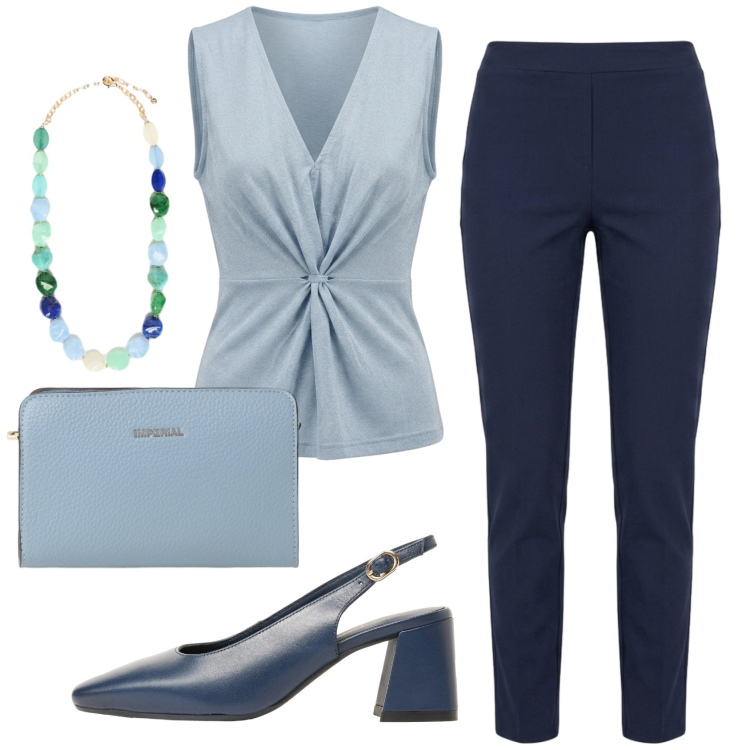 Outfit donna - Total look #2419745. Stile Bon Ton per Ufficio. Abbinamento con décolleté, borse a tracolla, collane, pantaloni, top.