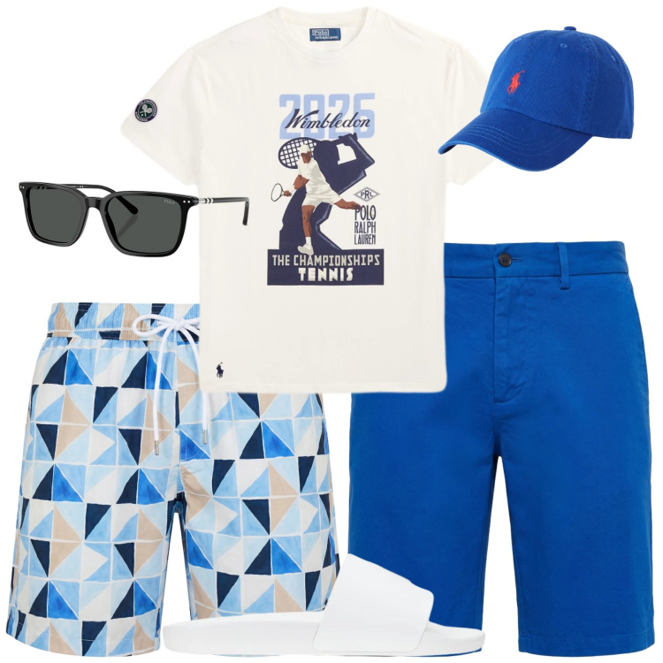 Outfit uomo - Al mare. Stile Casual per Mare. Abbinamento con bermuda, costumi, occhiali da sole, sandali, cappelli con visiera, t-shirt.