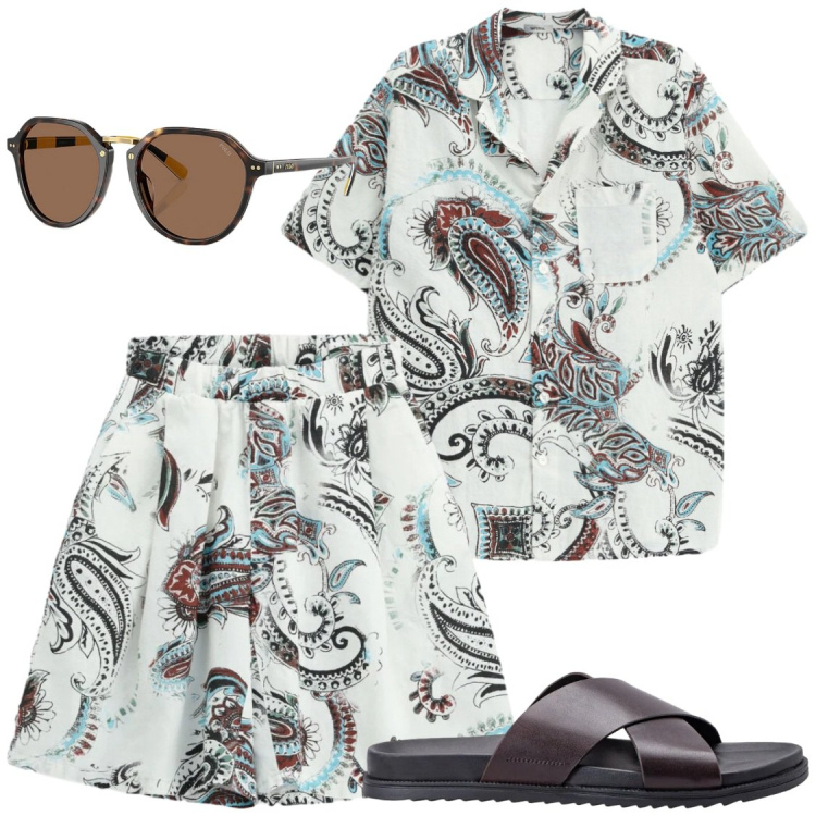 Outfit uomo - Vacanze. Stile Trendy per Mare. Abbinamento con occhiali da sole, sandali, camicie a manica corta, bermuda.