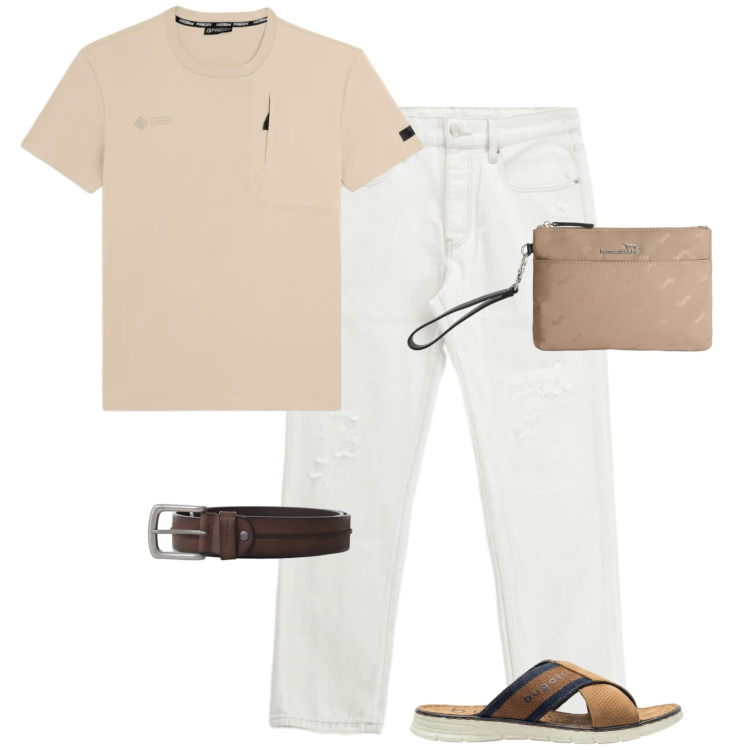 Outfit uomo - Denim chiaro. Stile Casual per Tutti i giorni. Abbinamento con sandali, borse sportive, t-shirt, jeans dritti, cinture.