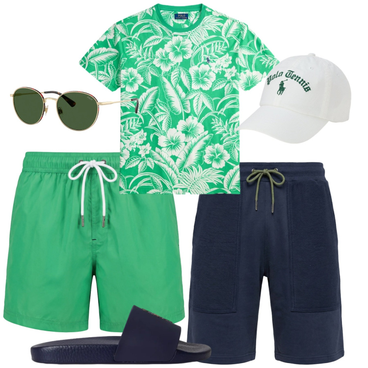 Outfit uomo - Al mare. Stile Casual per Mare. Abbinamento con pantaloni corti, costumi, occhiali da sole, cappelli con visiera, t-shirt, sandali.