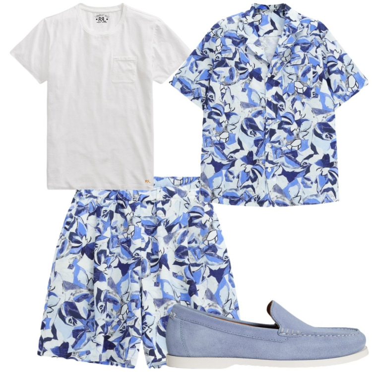 Outfit uomo - C9mpleti estivi. Stile Trendy per Serata speciale. Abbinamento con bermuda, camicie a manica corta, t-shirt, scarpe stringate.