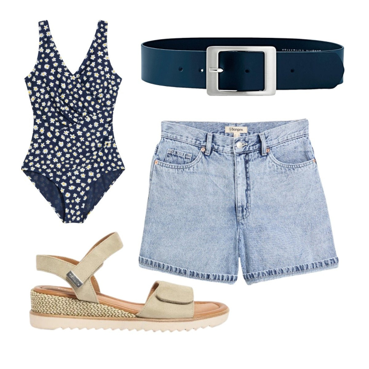 Outfit donna - Giugno. Stile Casual per Mare. Abbinamento con shorts, cinture, costumi interi, sandali.