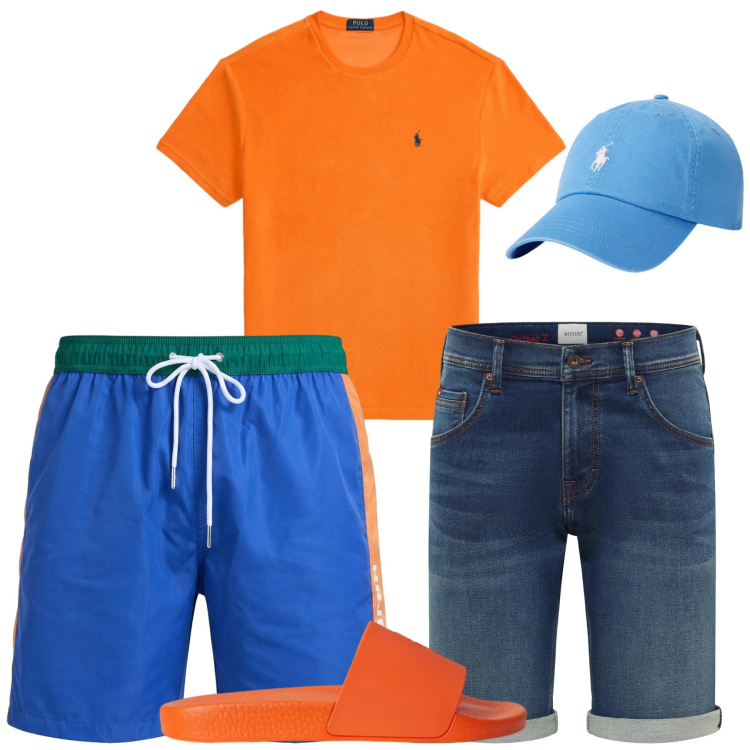 Outfit uomo - Al mare. Stile Casual per Mare. Abbinamento con bermuda, costumi, cappelli, t-shirt, sandali.
