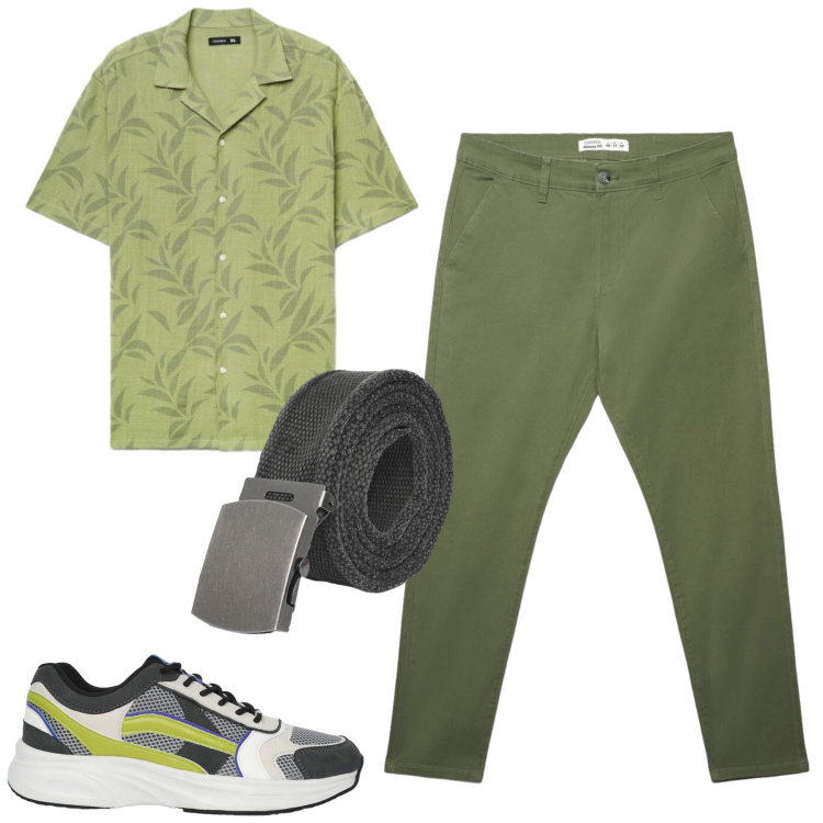 Outfit uomo - City. Stile Casual per Tutti i giorni. Abbinamento con cinture, sneakers, pantaloni chino, camicie a manica corta.