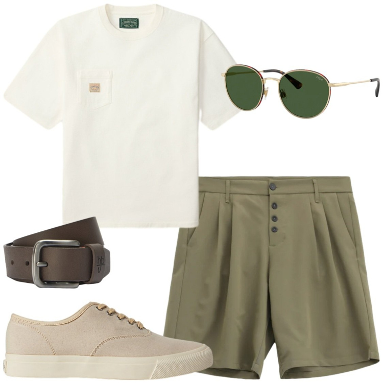 Outfit uomo - Mi piace come hai abbinato. Stile Trendy per Serata speciale. Abbinamento con bermuda, cinture, sneakers, occhiali da sole, t-shirt.