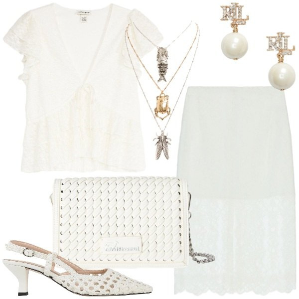 Outfit donna - Total white luminoso. Stile Casual chic per Tutti i giorni. Abbinamento con décolleté, t-shirt, borse a tracolla, gonne longuette, orecchini, ciondoli.