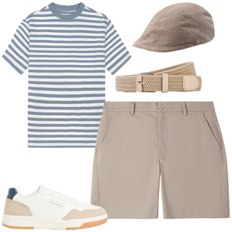 Outfit uomo - Weekend. Stile Casual per Tutti i giorni. Abbinamento con sneakers, cinture, pantaloni corti, cappelli e berretti, t-shirt.