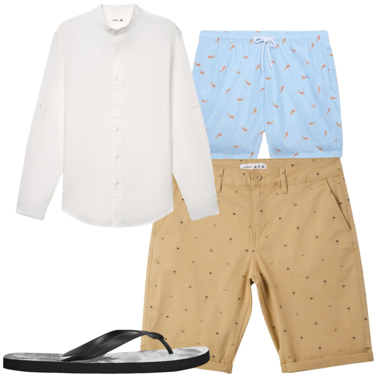 Outfit uomo - La coreana bianca per il mare. Stile Casual per Mare. Abbinamento con pantaloni corti, sandali, camicie, costumi.