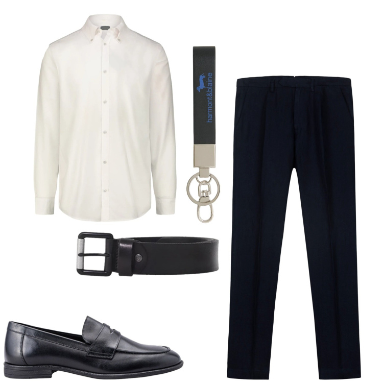Outfit uomo - In ufficio. Stile Business/Elegante per Ufficio. Abbinamento con portachiavi, pantaloni, scarpe stringate, camicie, cinture.